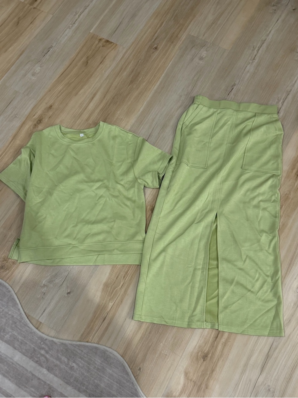Light Green Women’s Pajama Skirt Set - Short Sleeve Top & Midi Skirt